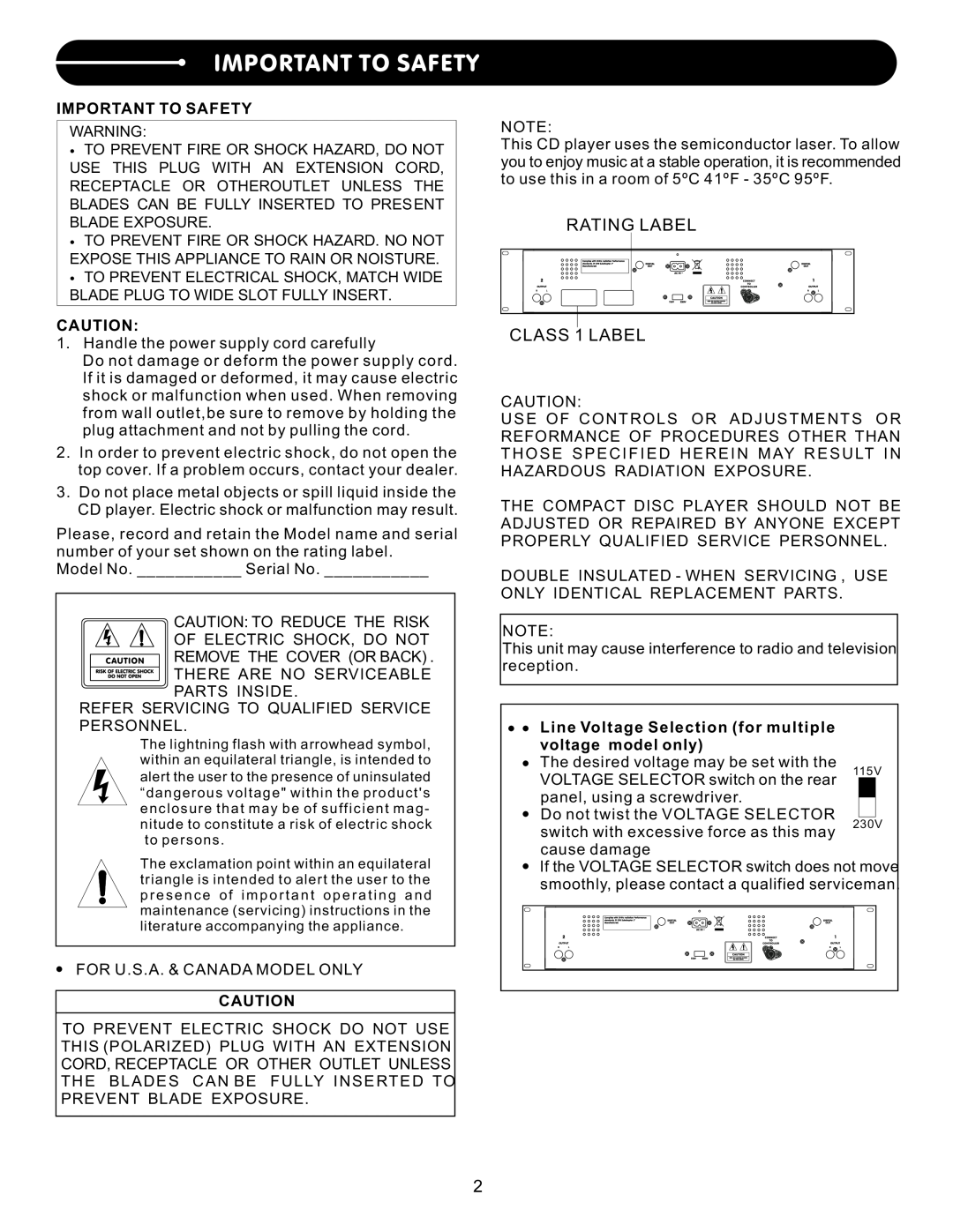 Stanton C.502 user manual RATING LABEL CLASS 1 LABEL, Important To Safety 