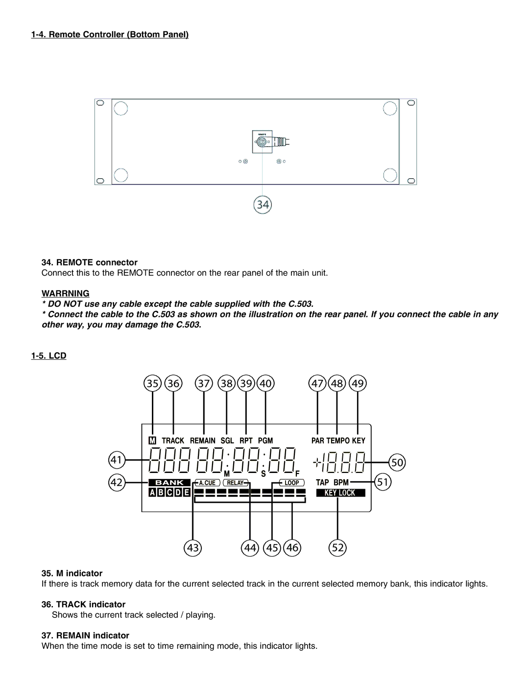 Stanton C.503 Remote Controller Bottom Panel Remote connector, Warrning, LCD Indicator, Track indicator, Remain indicator 