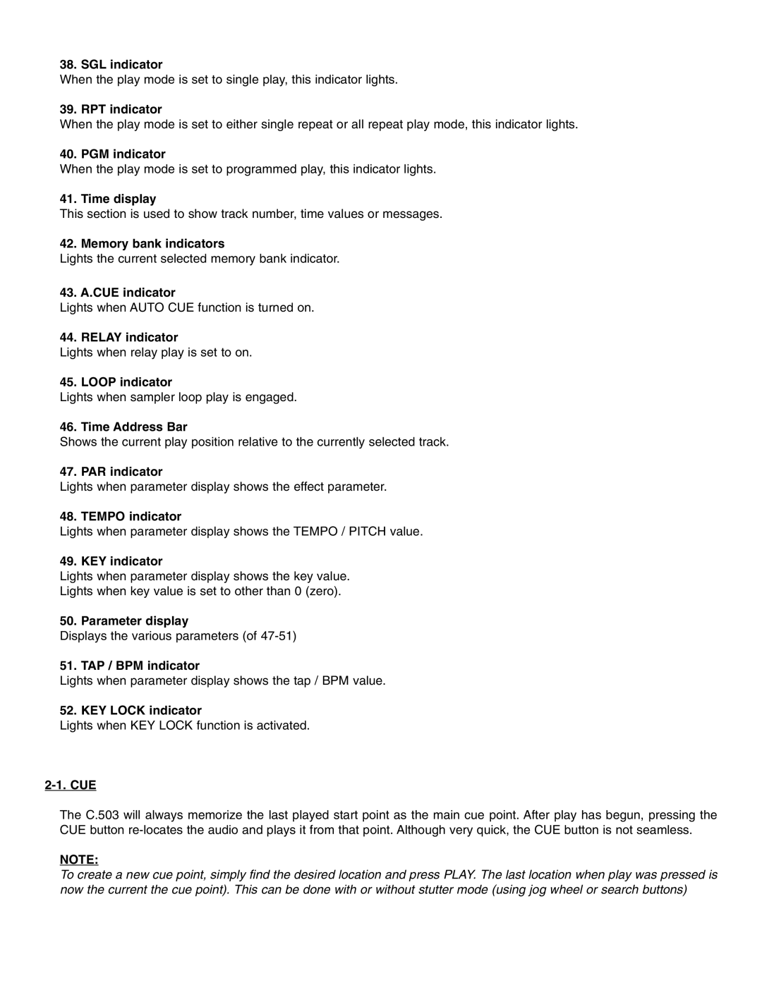 Stanton C.503 SGL indicator, RPT indicator, PGM indicator, Time display, Memory bank indicators, 43. A.CUE indicator, Cue 