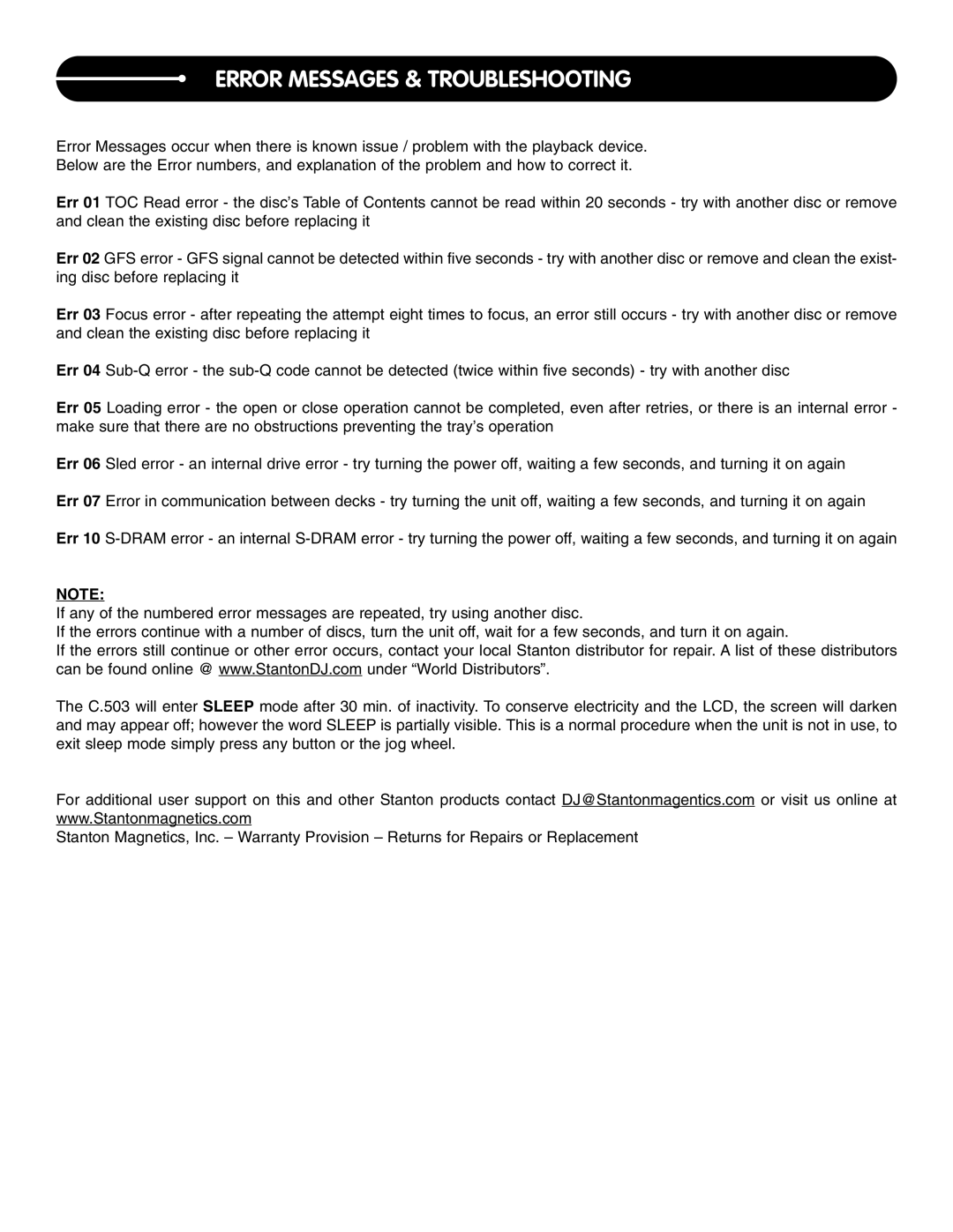 Stanton C.503 manual Error Messages & Troubleshooting 