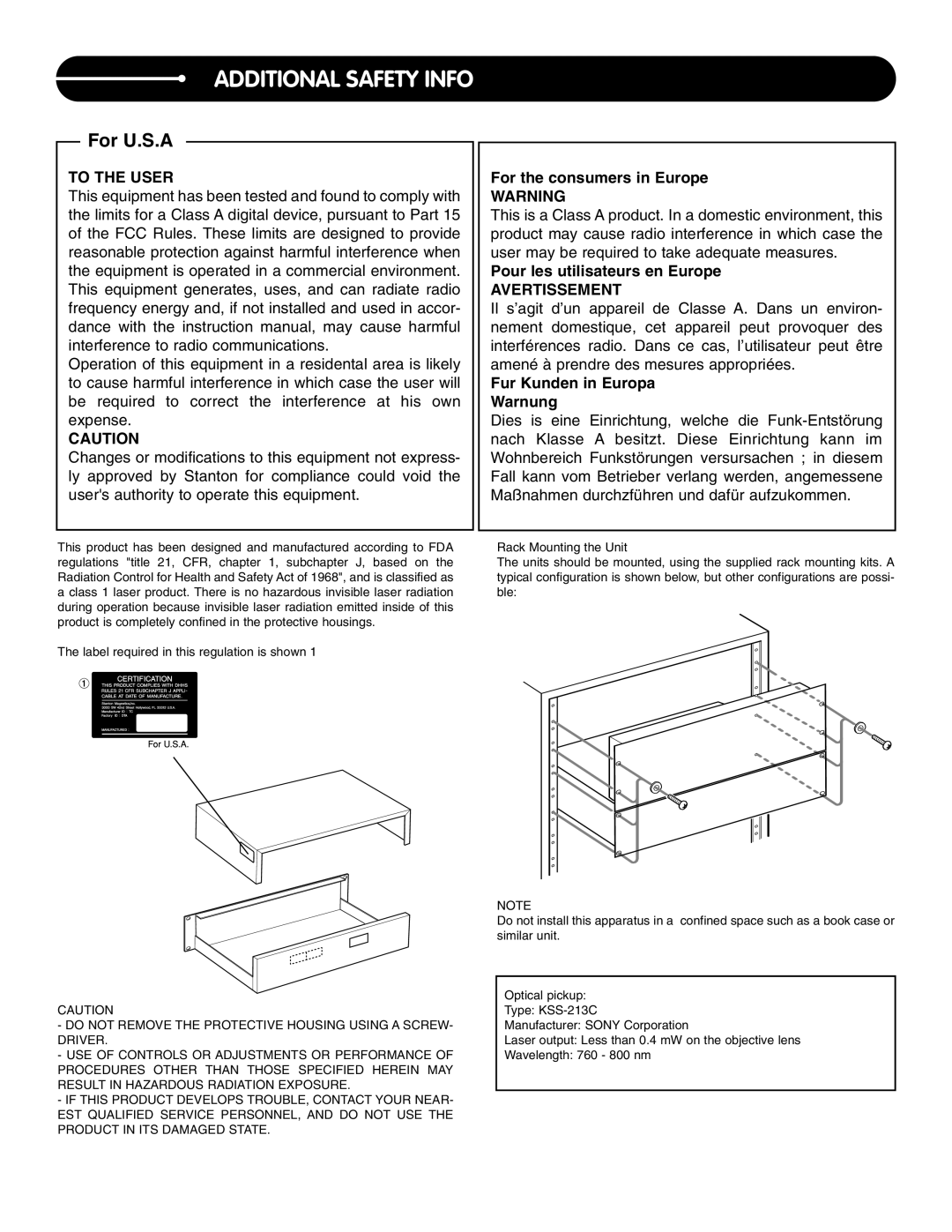 Stanton C.503 manual Additional Safety Info, To the User, Avertissement 