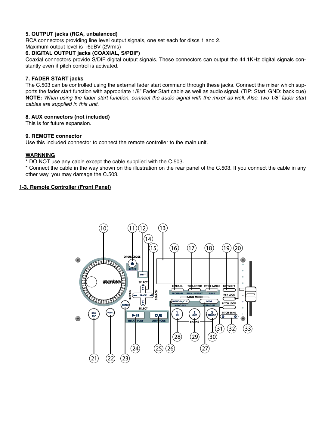 Stanton C.503 manual Output jacks RCA, unbalanced, Digital Output jacks COAXIAL, S/PDIF, Fader Start jacks, Warnning 