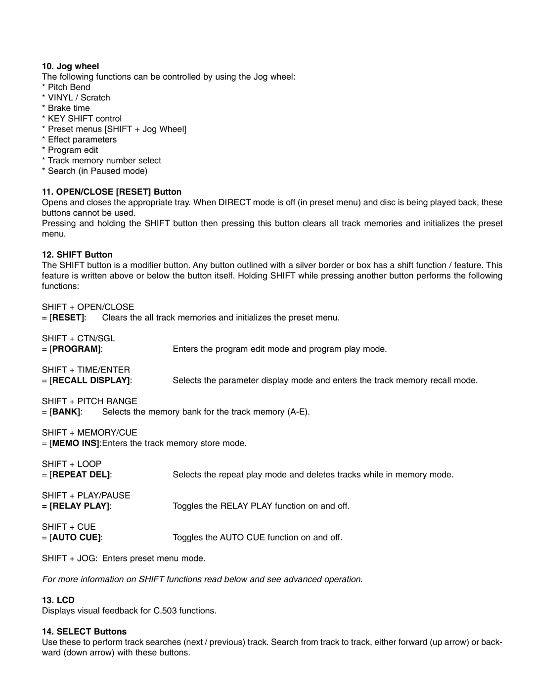 Stanton C.503 manual = Program, = Recall Display, = Repeat DEL, = Relay Play, = Auto CUE 