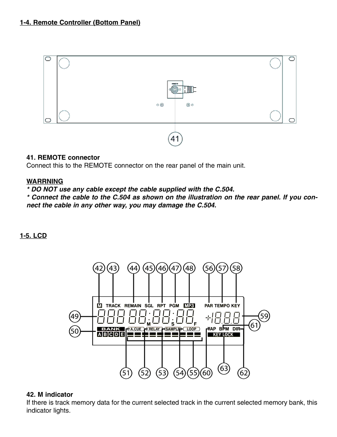 Stanton C.504 manual Remote Controller Bottom Panel Remote connector, Warrning, LCD Indicator 