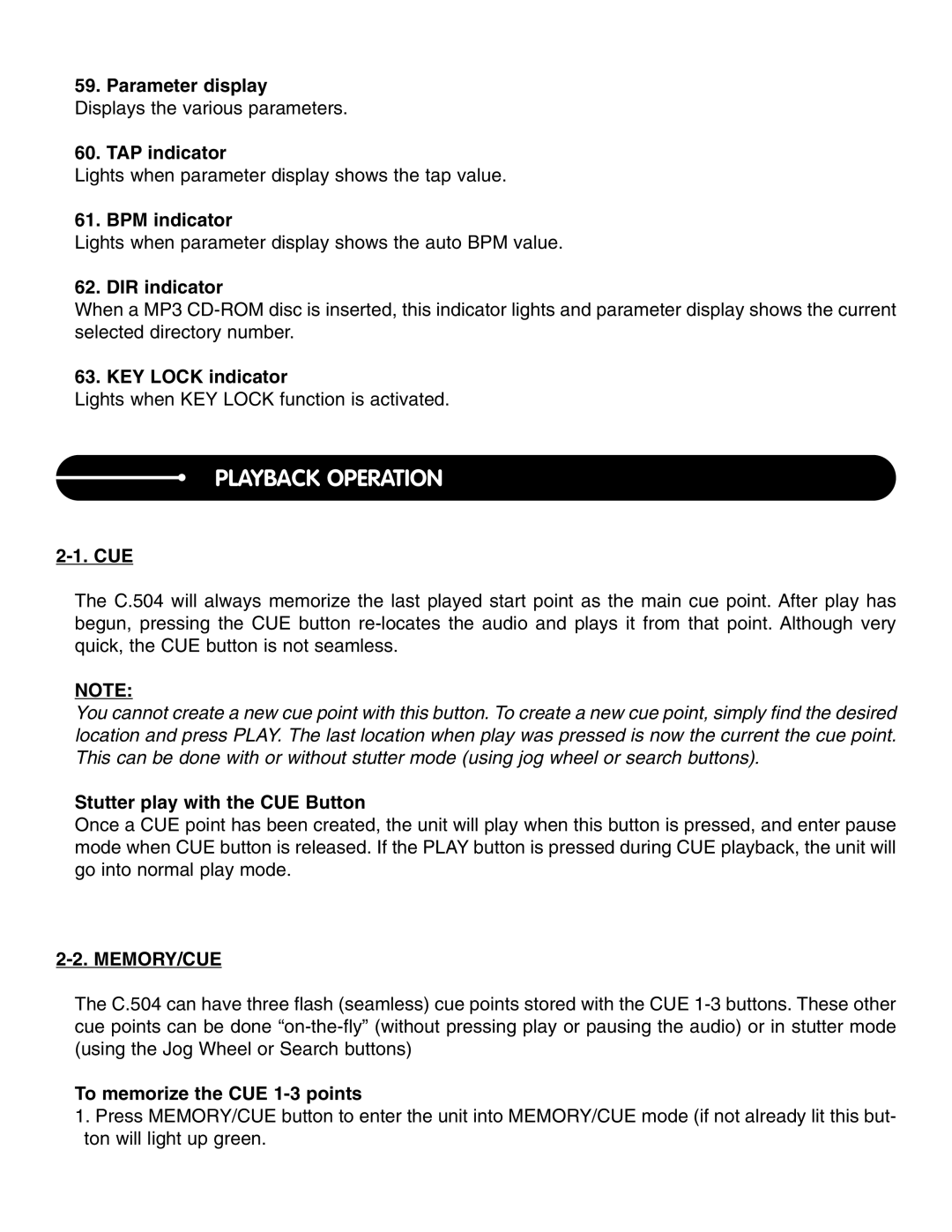 Stanton C.504 manual Playback Operation, Memory/Cue 