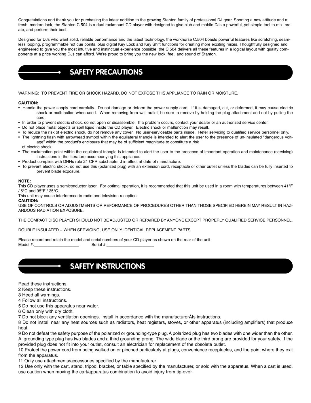 Stanton C.504 manual Safety Precautions, Safety Instructions 