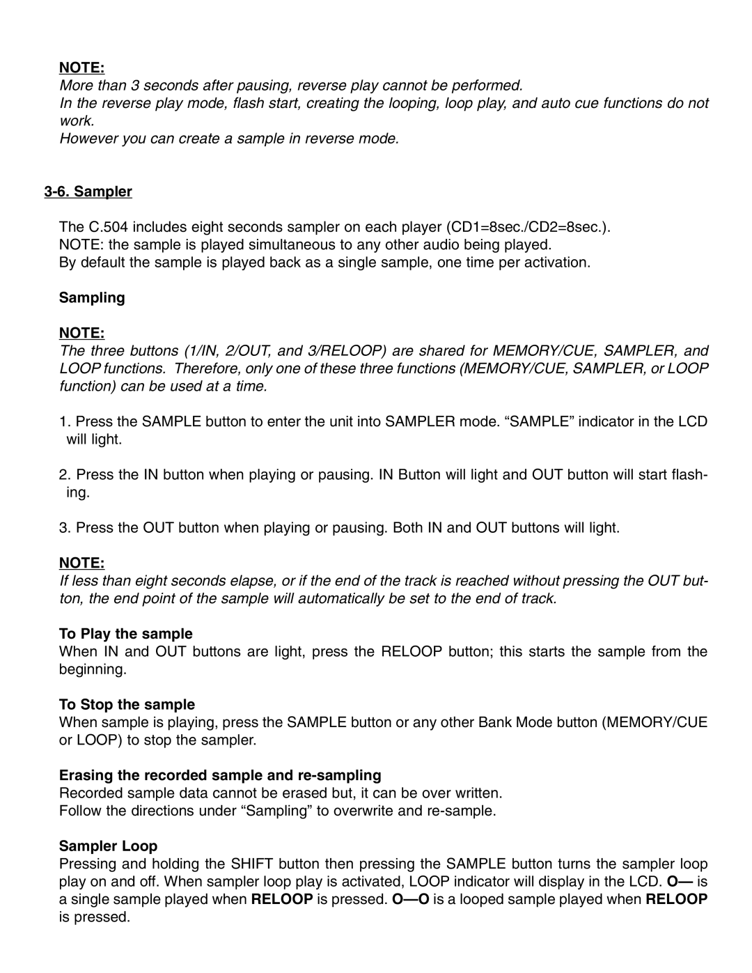 Stanton C.504 manual Sampler, Sampling, To Play the sample, To Stop the sample, Erasing the recorded sample and re-sampling 