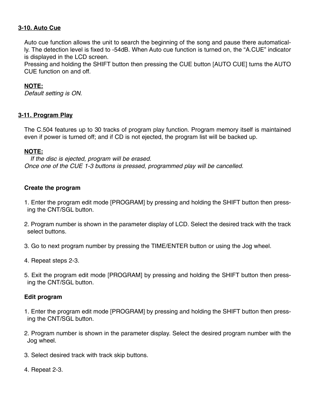 Stanton C.504 manual Auto Cue, Program Play, Create the program, Edit program 