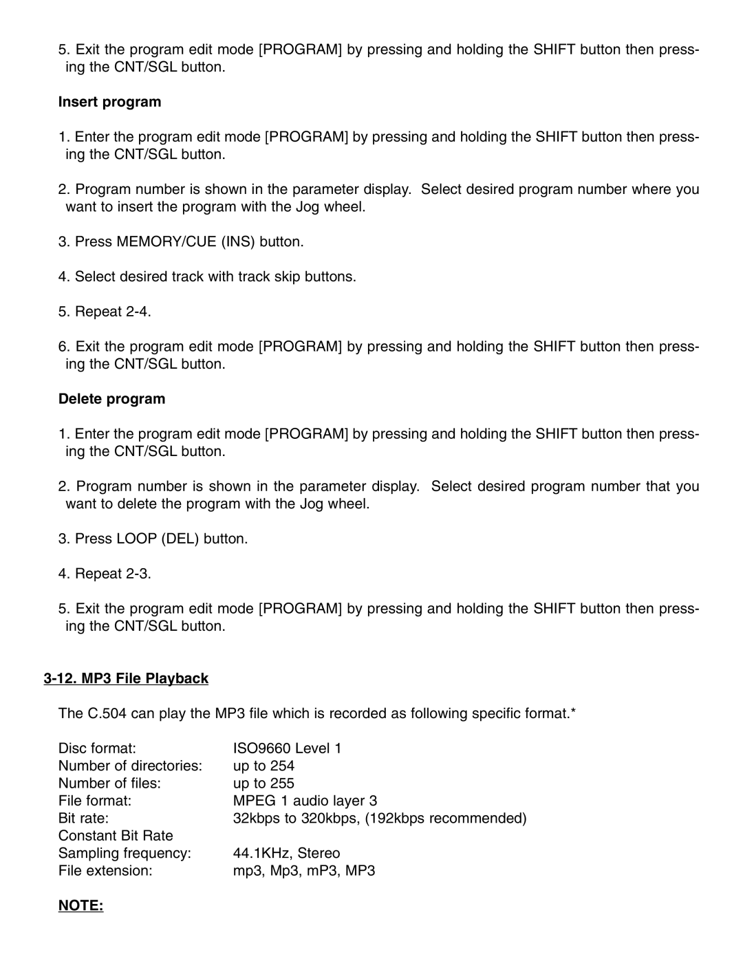 Stanton C.504 manual Insert program, Delete program, 12. MP3 File Playback 