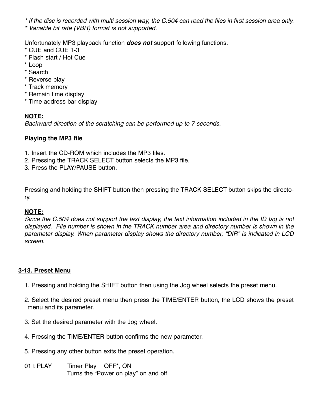 Stanton C.504 manual Playing the MP3 file, Preset Menu 