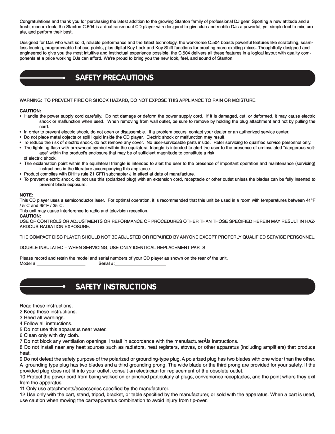 Stanton C.504 manual Safety Precautions, Safety Instructions 