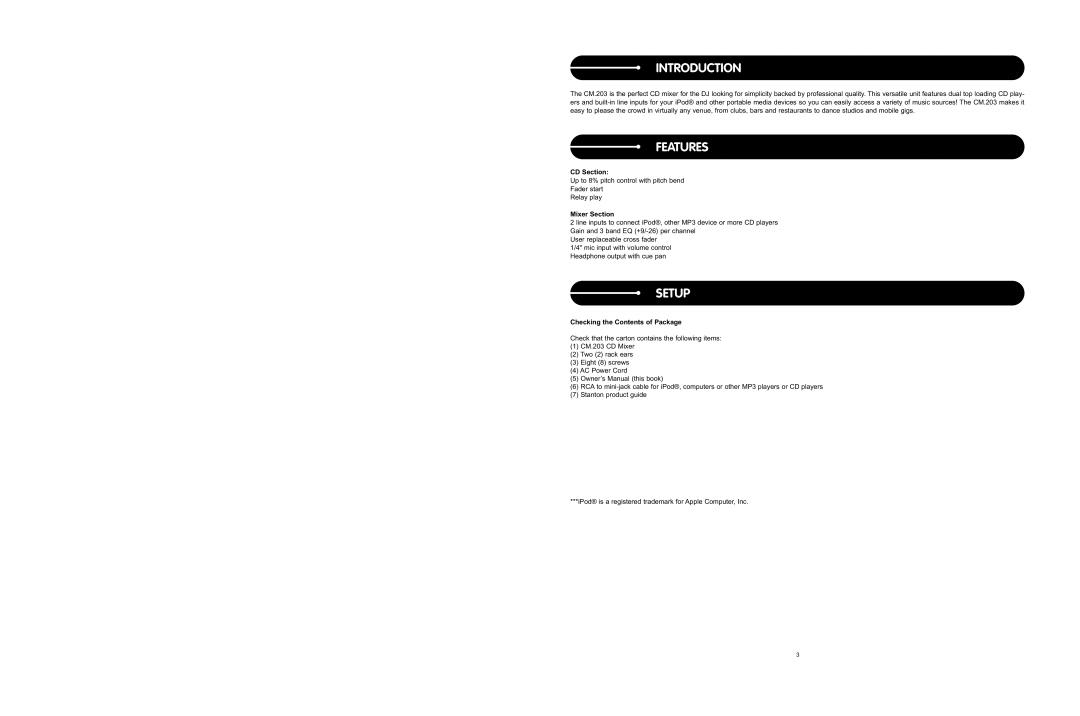 Stanton CM.203 user manual Introduction, Features, Setup 