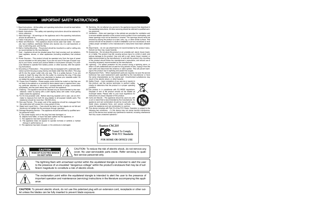 Stanton CM.205 user manual Important Safety Instructions 