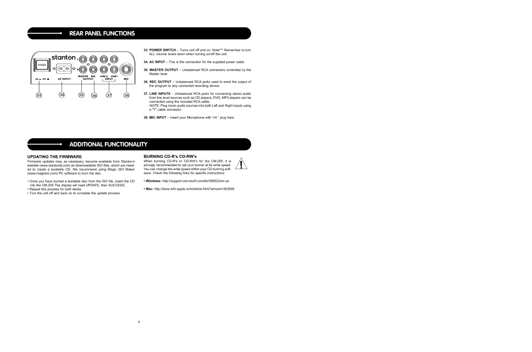 Stanton CM.205 user manual Rear Panel Functions, Additional Functionality 