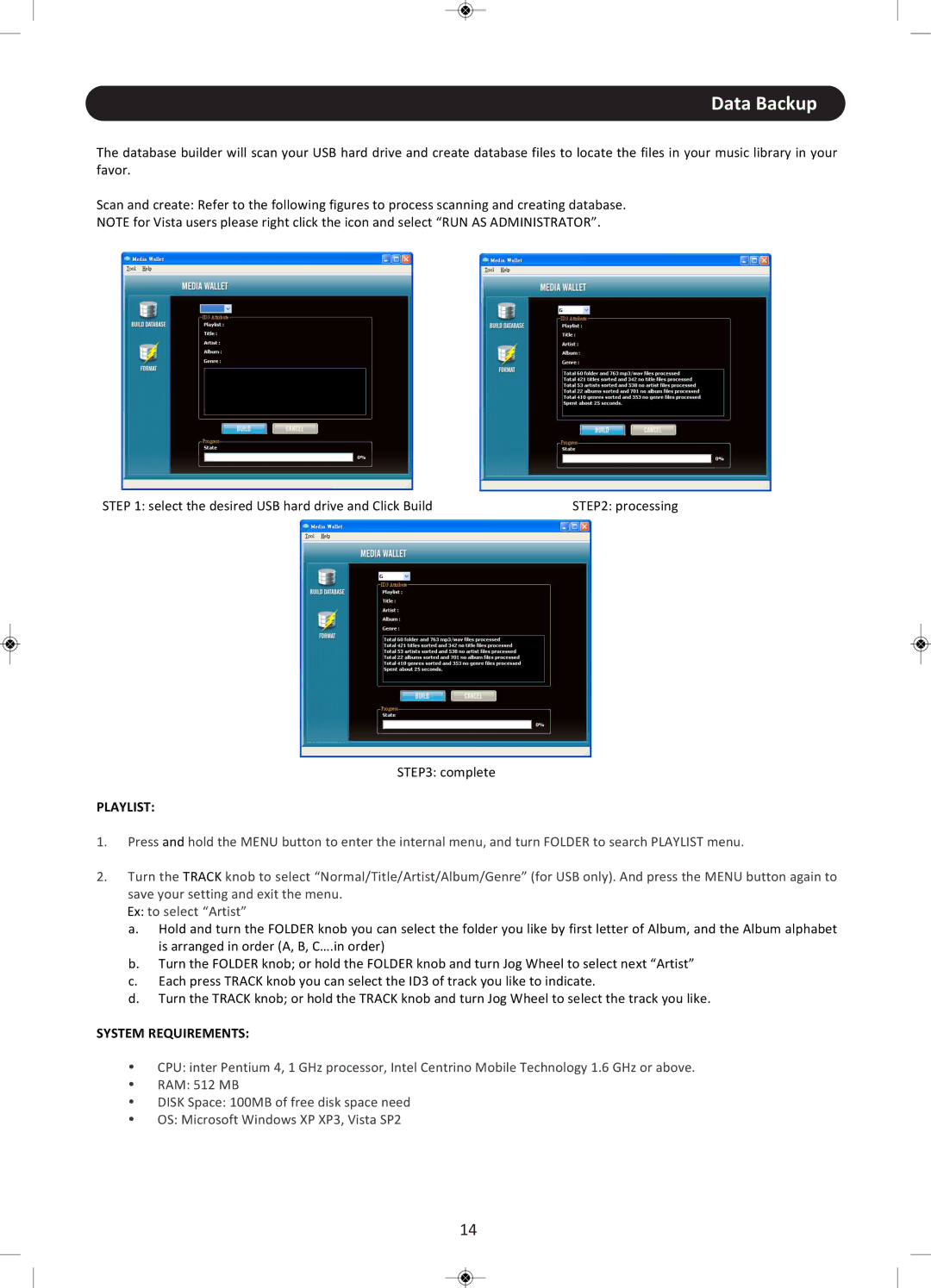 Stanton CMP.800 user manual Data Backup, Playlist, System Requirements 