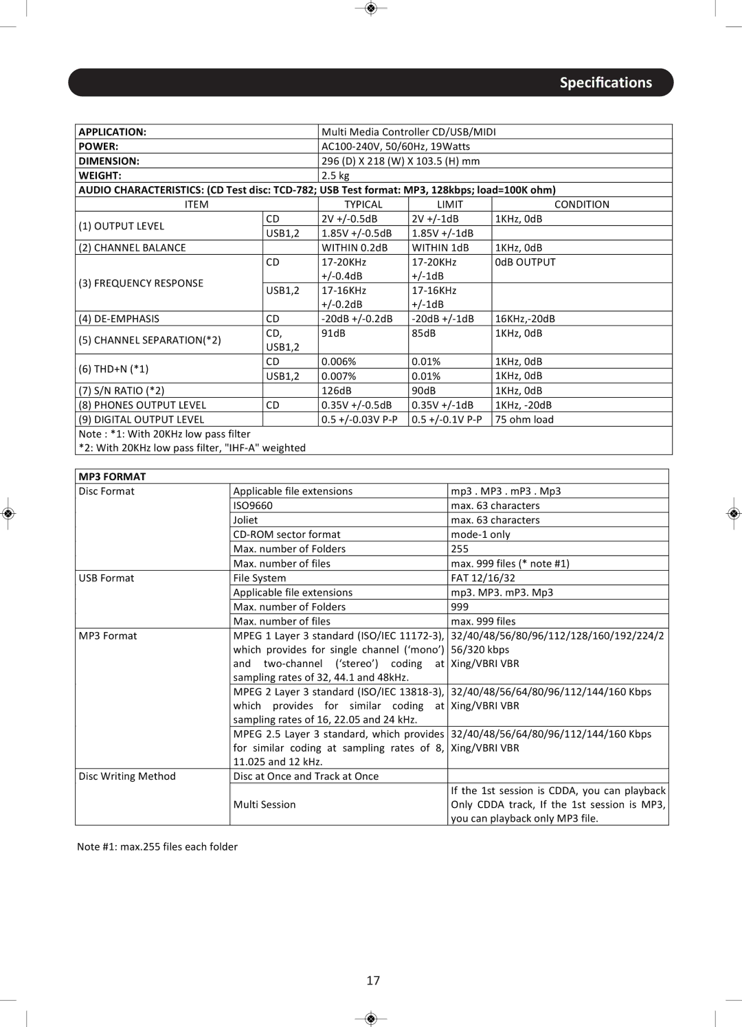 Stanton CMP.800 user manual Speciﬁcations 