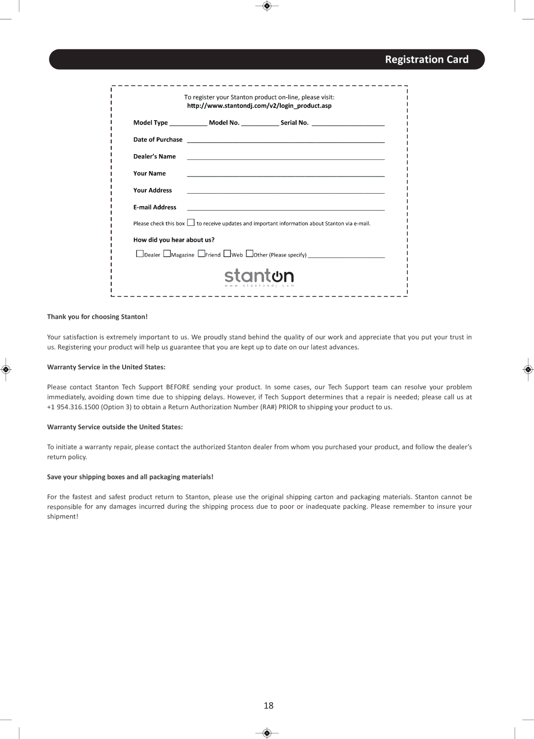 Stanton CMP.800 user manual Registration Card, Thank you for choosing Stanton 