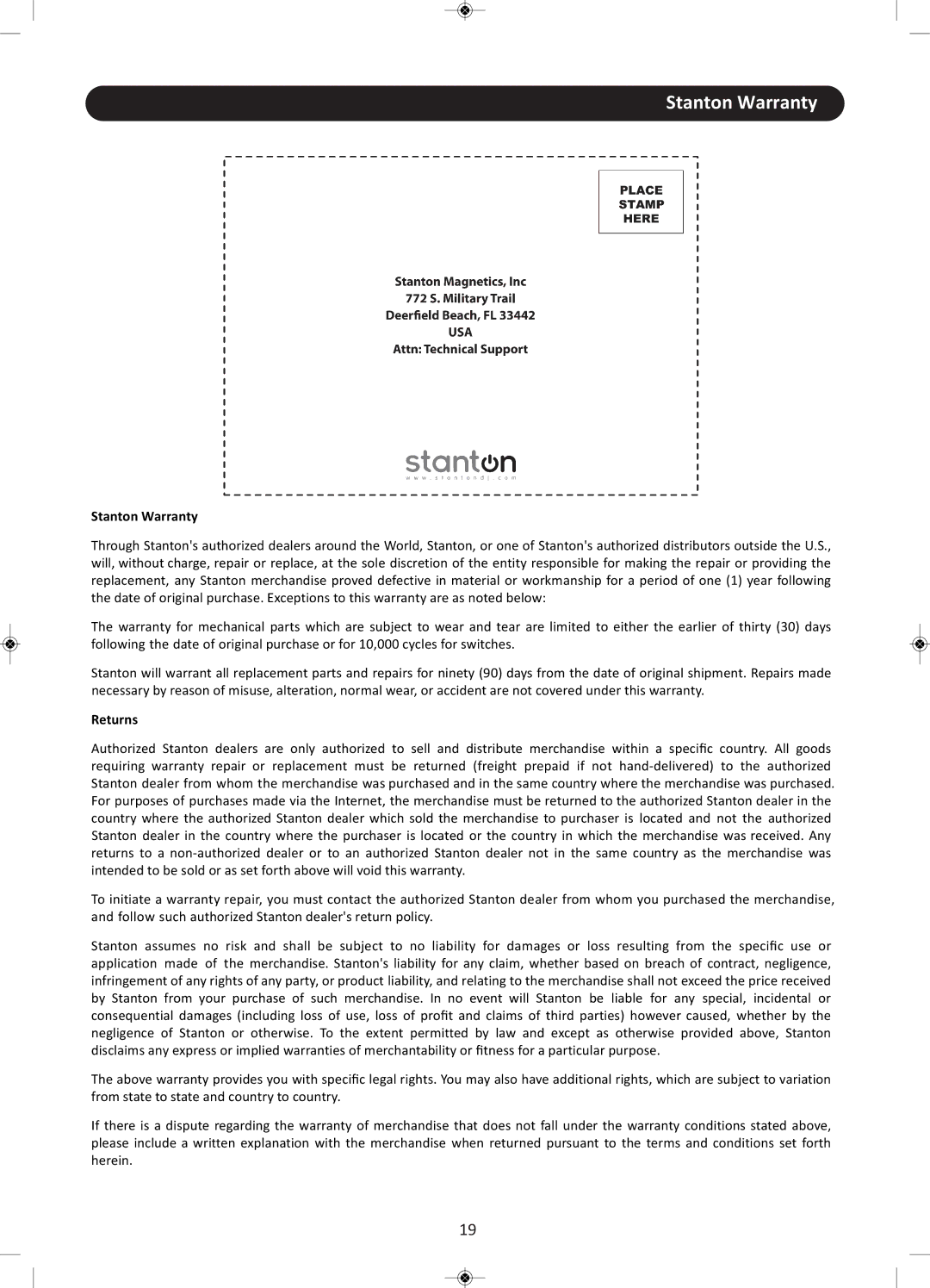 Stanton CMP.800 user manual Stanton Warranty, Returns 