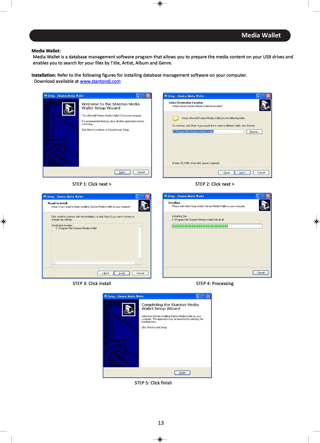 Stanton CMP.800 user manual Media Wallet, Click next, Click install, Processing, Click finish 