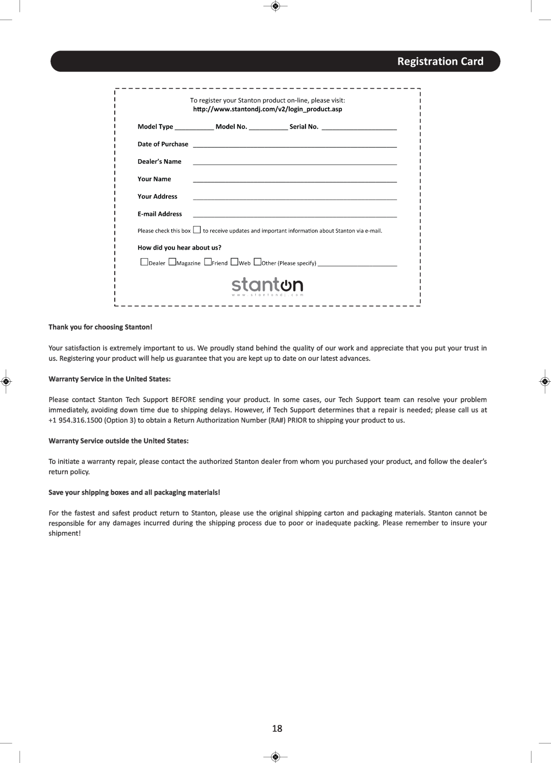 Stanton CMP.800 user manual Registration Card, Thank you for choosing Stanton, Warranty Service in the United States 