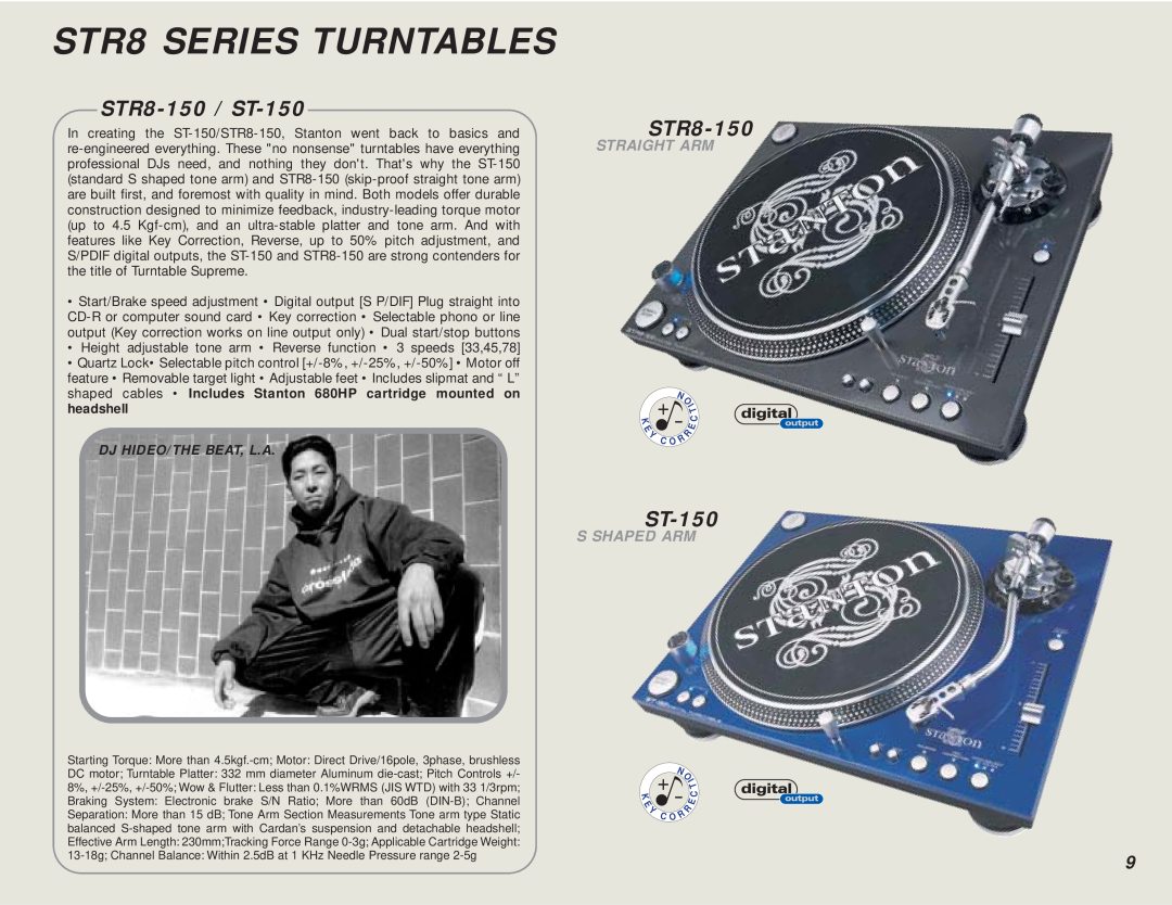 Stanton DJ For Life manual STR8 SERIES TURNTABLES, STR8-150 / ST-150, Dj Hideo/The Beat, L.A, Straight Arm, S Shaped Arm 