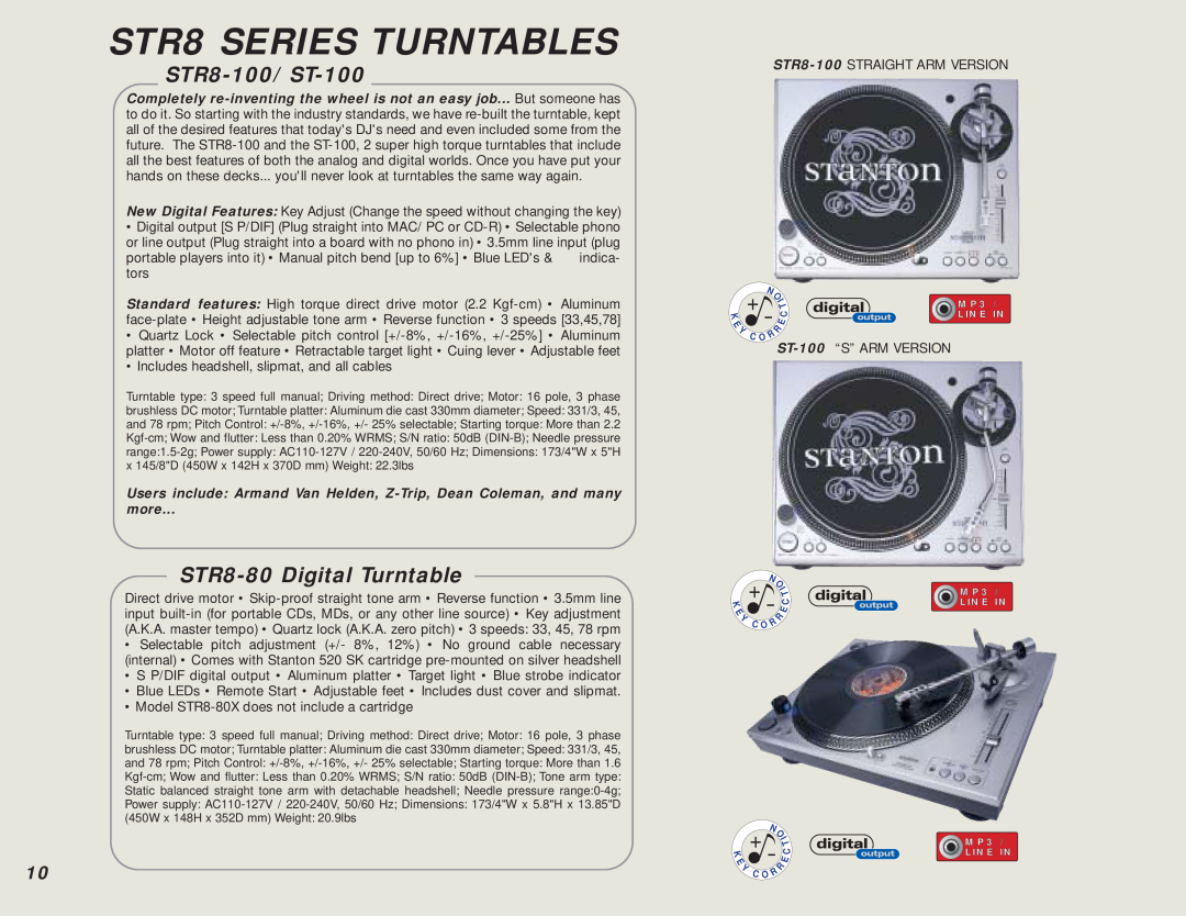 Stanton DJ For Life manual STR8-100/ ST-100, STR8-80Digital Turntable, more, STR8 SERIES TURNTABLES 
