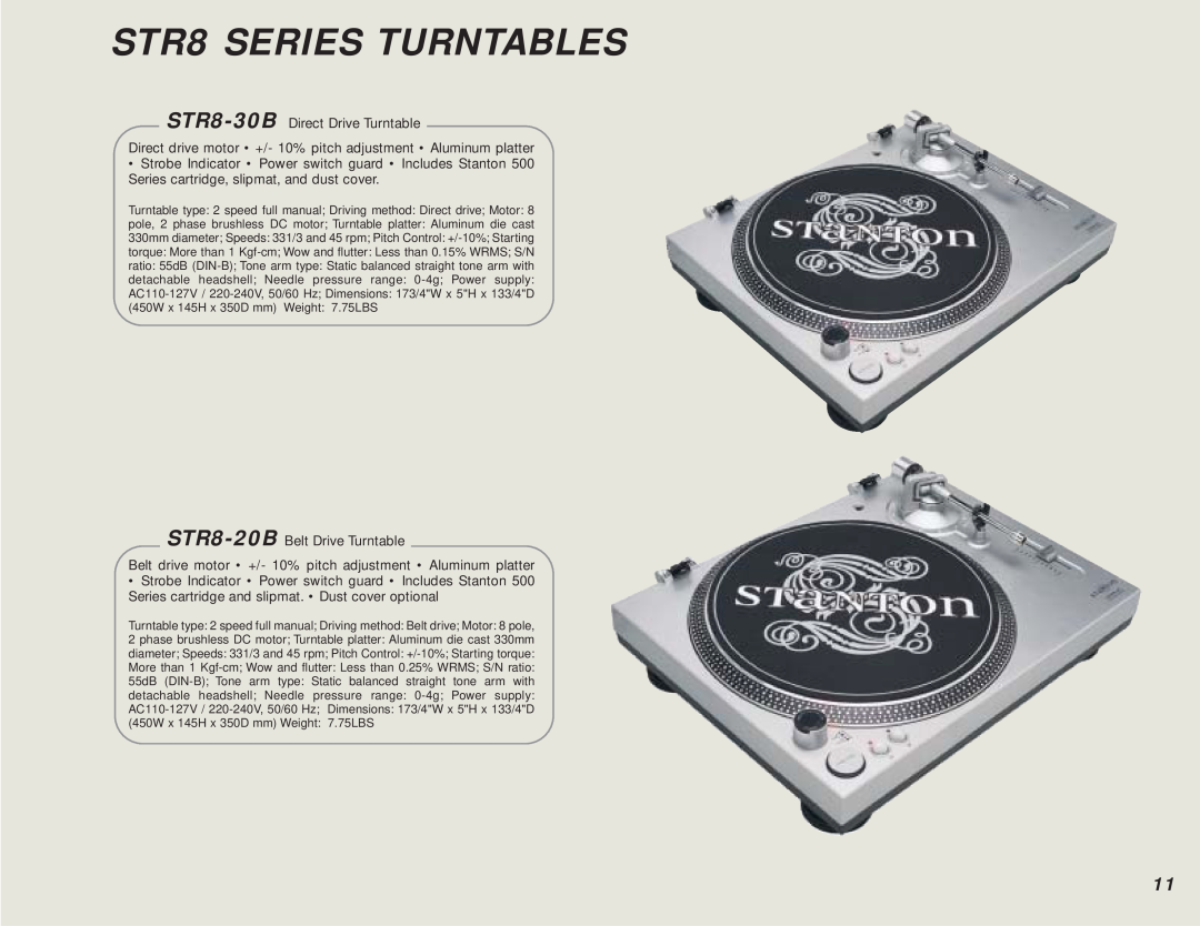 Stanton DJ For Life manual STR8 SERIES TURNTABLES, STR8-30B Direct Drive Turntable 