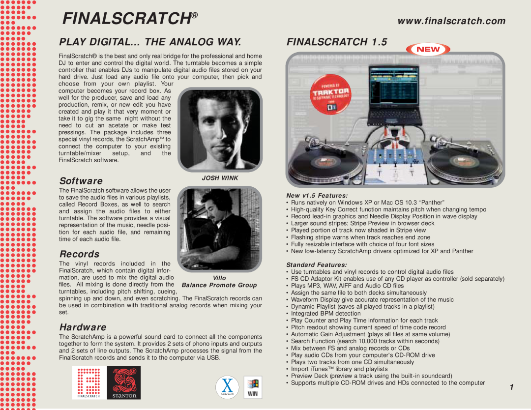 Stanton DJ For Life manual Finalscratch, Software, Records, Hardware, New v1.5 Features, Standard Features 