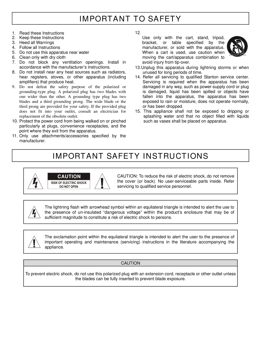 Stanton DJLab.3 owner manual Important to Safety, Important Safety Instructions 