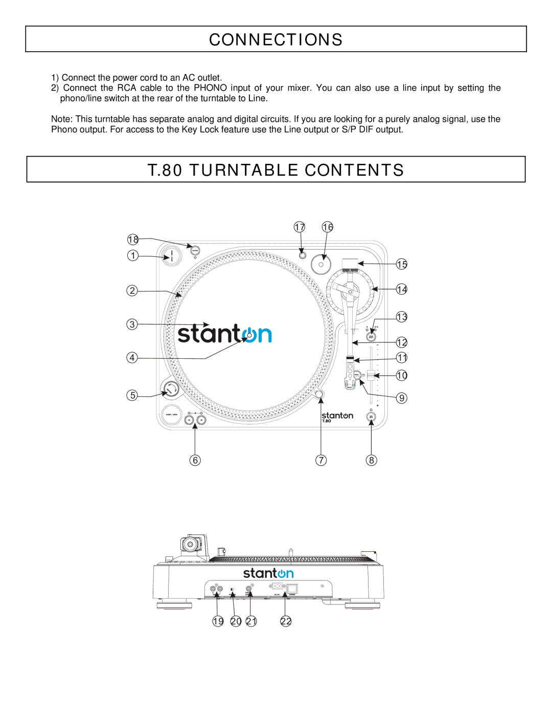 Stanton DJLab.3 owner manual Connections, Turntable Contents 