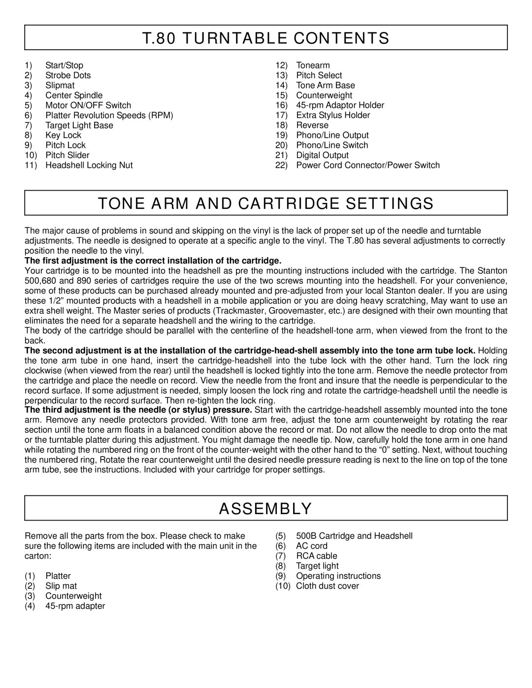 Stanton DJLab.3 owner manual Tone ARM and Cartridge Settings, Assembly 