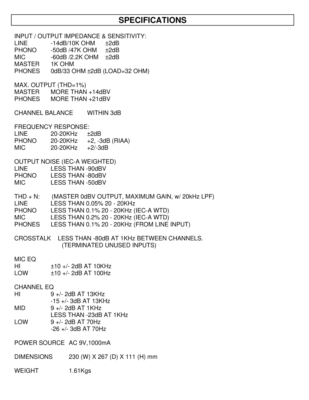 Stanton M.201 manual Specifications 