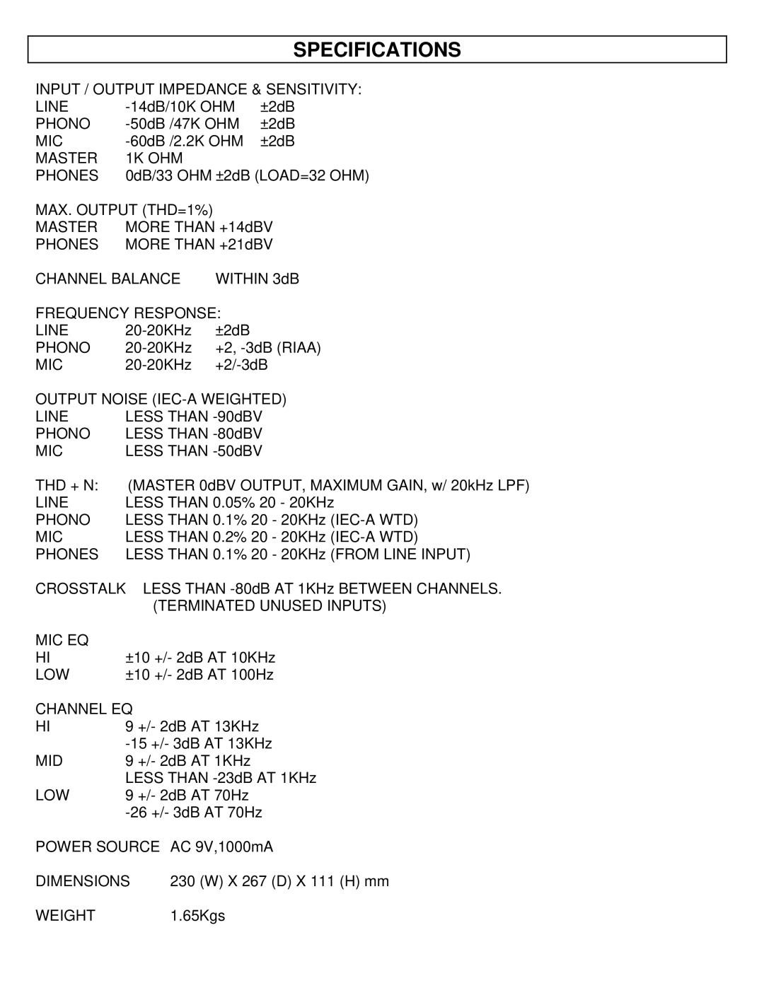 Stanton M.202 manual Specifications 