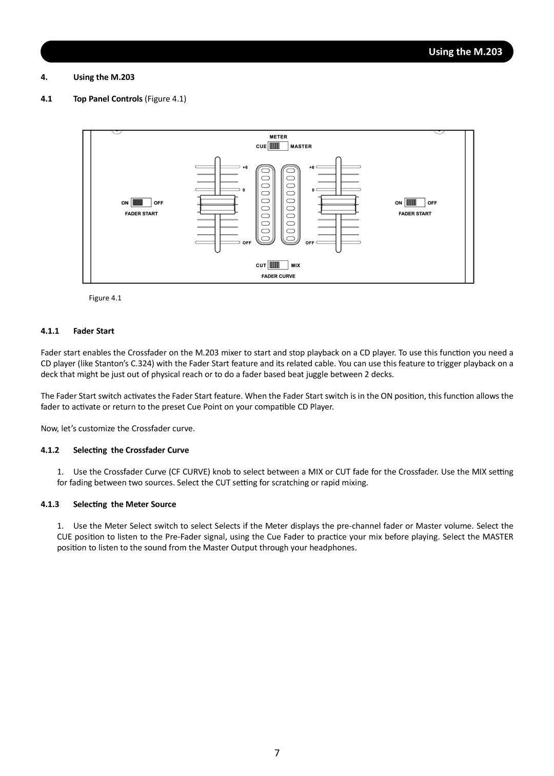 Stanton user manual Using the M.203 Top Panel Controls Figure Fader Start, Selecting the Crossfader Curve 