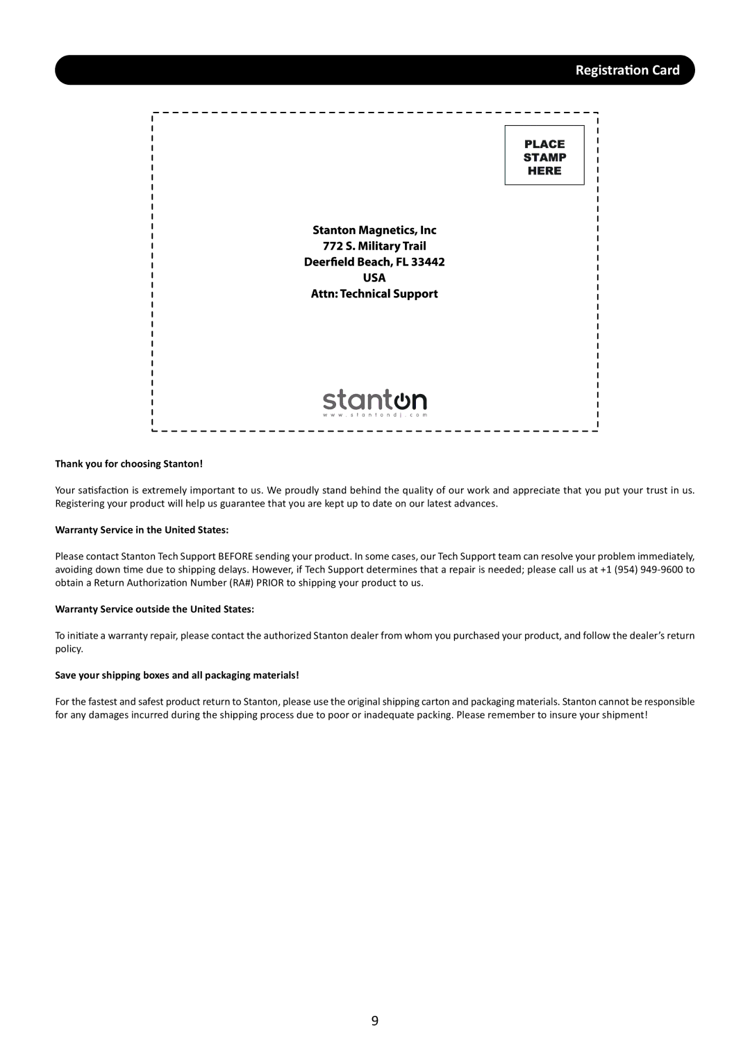 Stanton M.203 user manual Registration Card, Thank you for choosing Stanton 