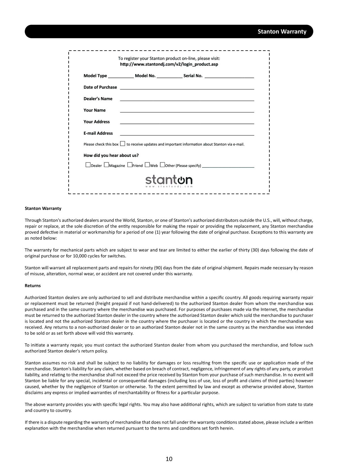 Stanton M.203 user manual Stanton Warranty 