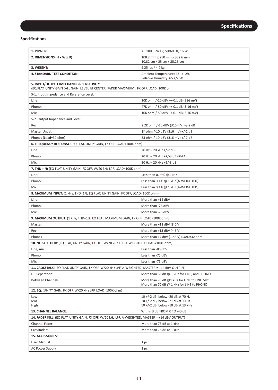 Stanton M.203 user manual Speciﬁcations, Power 