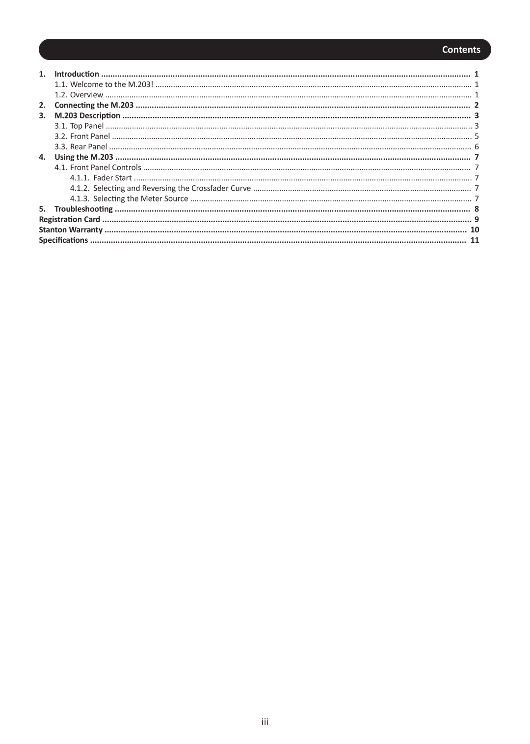 Stanton M.203 user manual Iii 