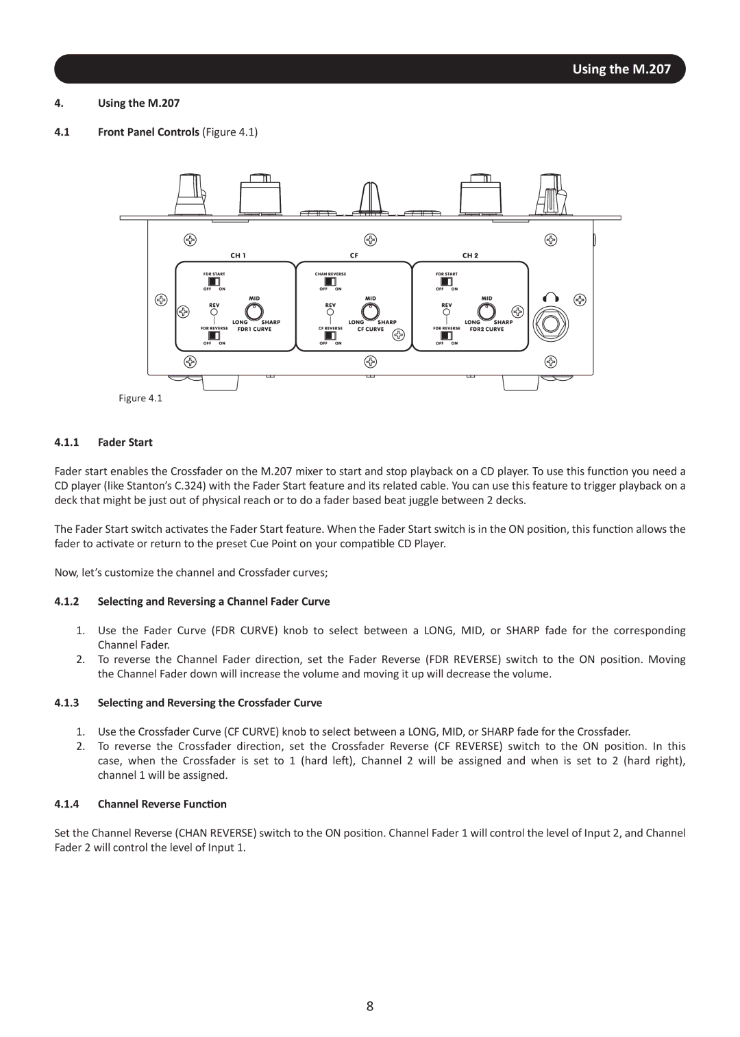 Stanton Using the M.207 Front Panel Controls Figure Fader Start, Selecting and Reversing a Channel Fader Curve 