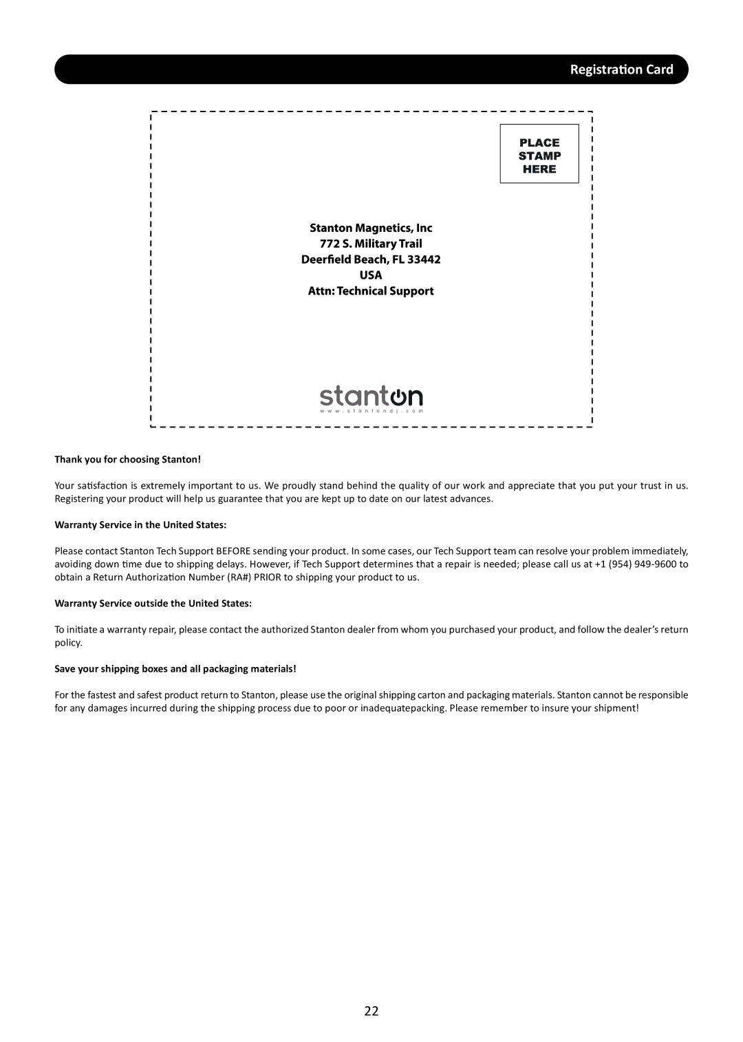 Stanton M.207 user manual Registration Card, Thank you for choosing Stanton 