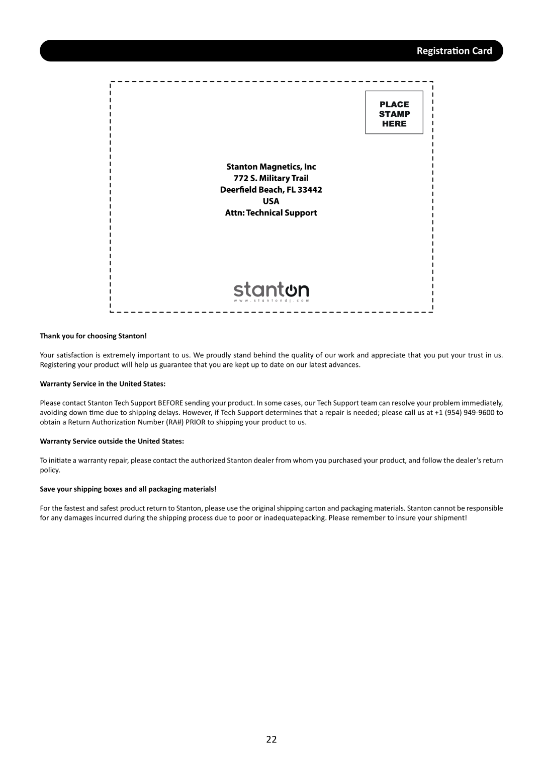 Stanton M.207 user manual Registration Card, Thank you for choosing Stanton, Warranty Service in the United States 