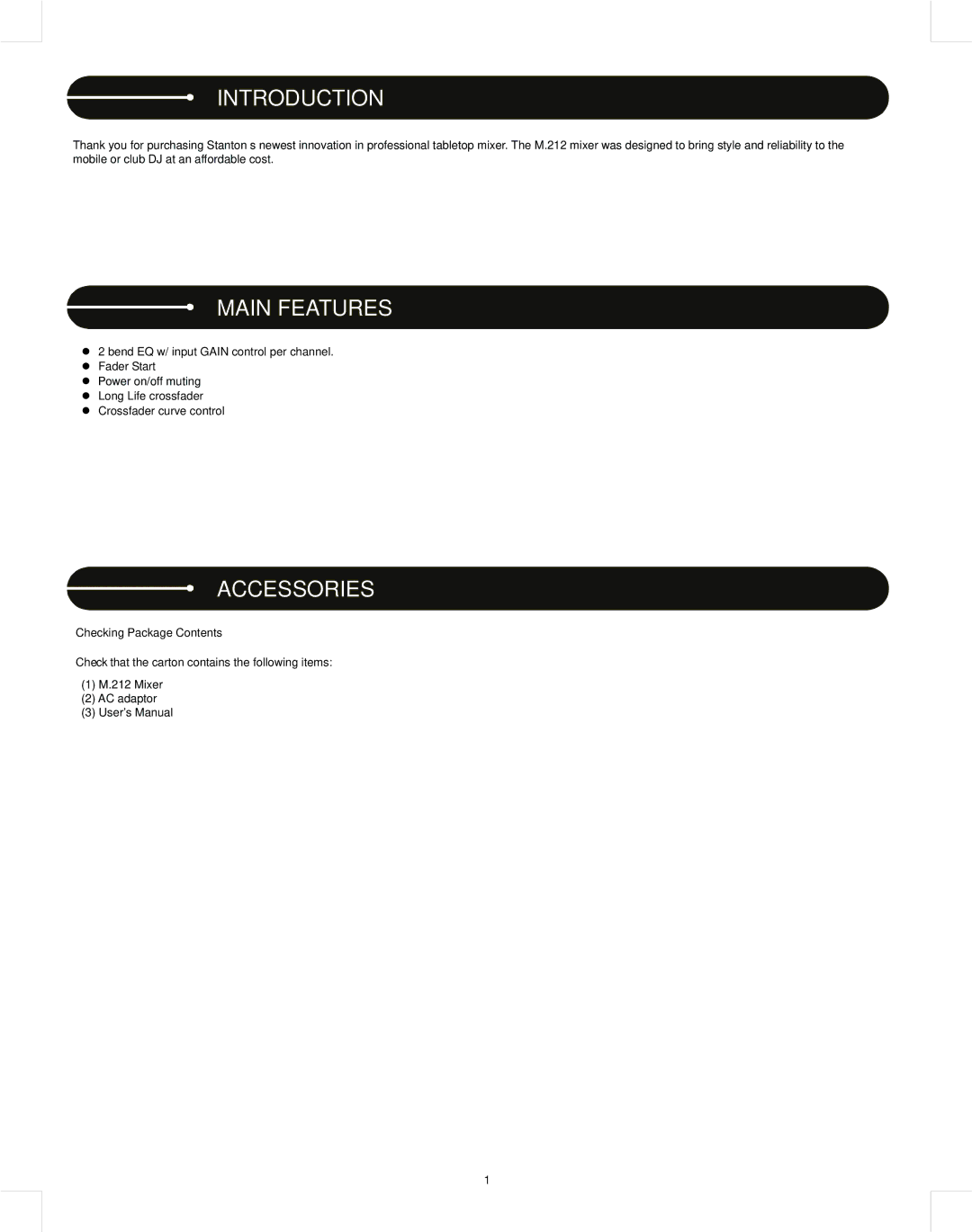 Stanton M.212 user manual Introduction, Main Features, Accessories, Checking Package Contents 