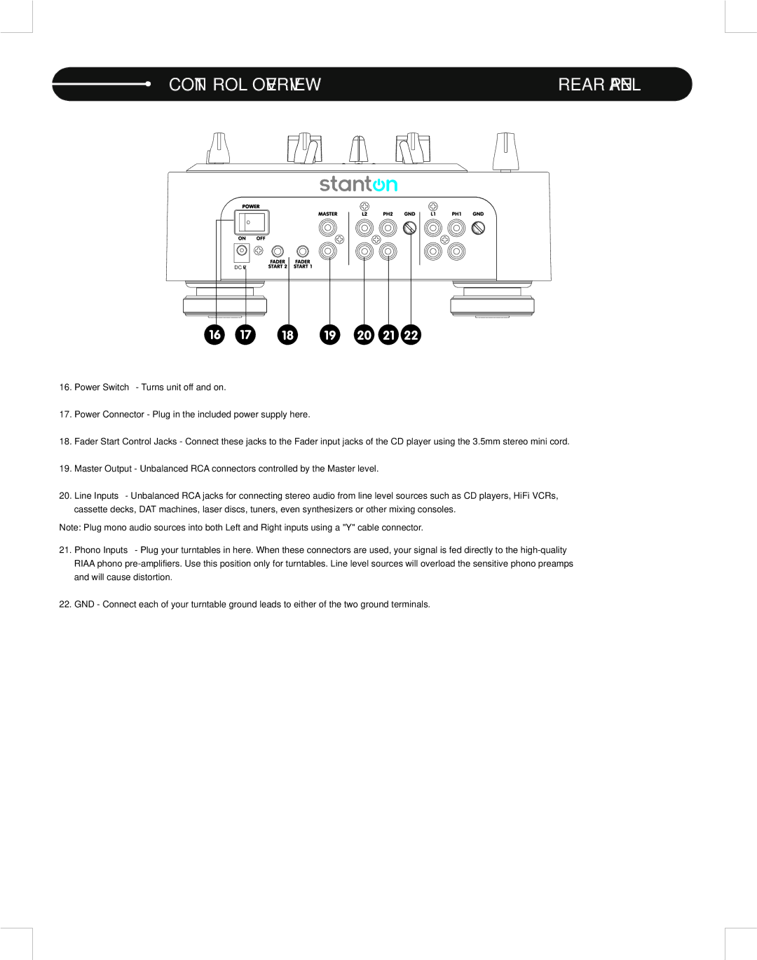 Stanton M.212 user manual Control Overview, Rear Panel 