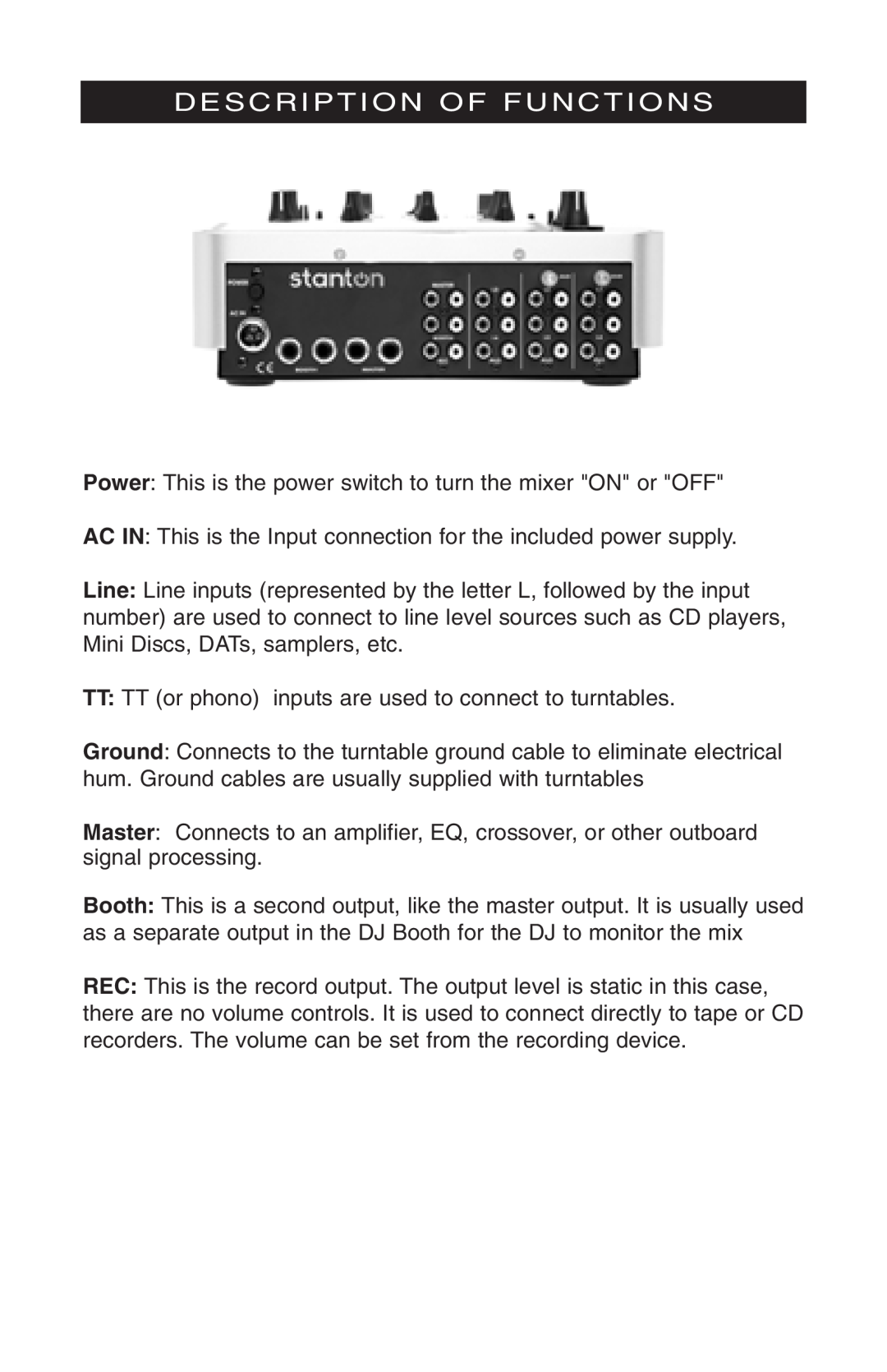 Stanton M.303 owner manual Description Of Functions, Power This is the power switch to turn the mixer ON or OFF 