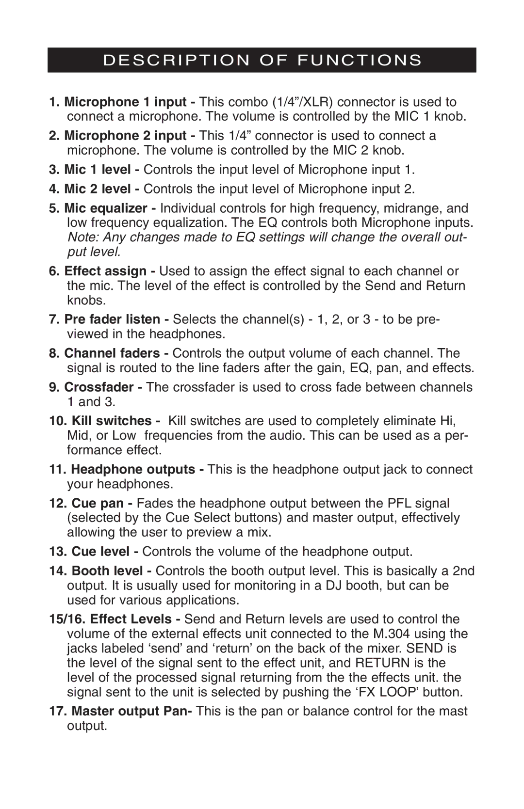 Stanton M304 owner manual Description of Functions 