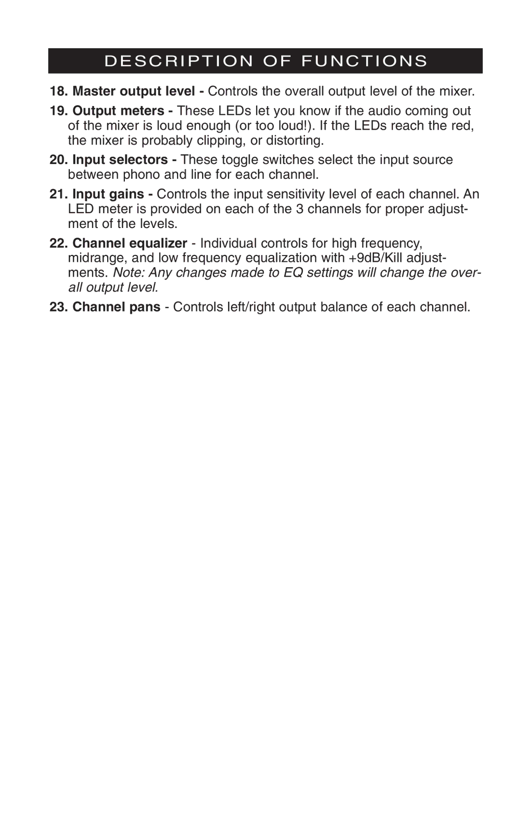 Stanton M304 owner manual Description of Functions 