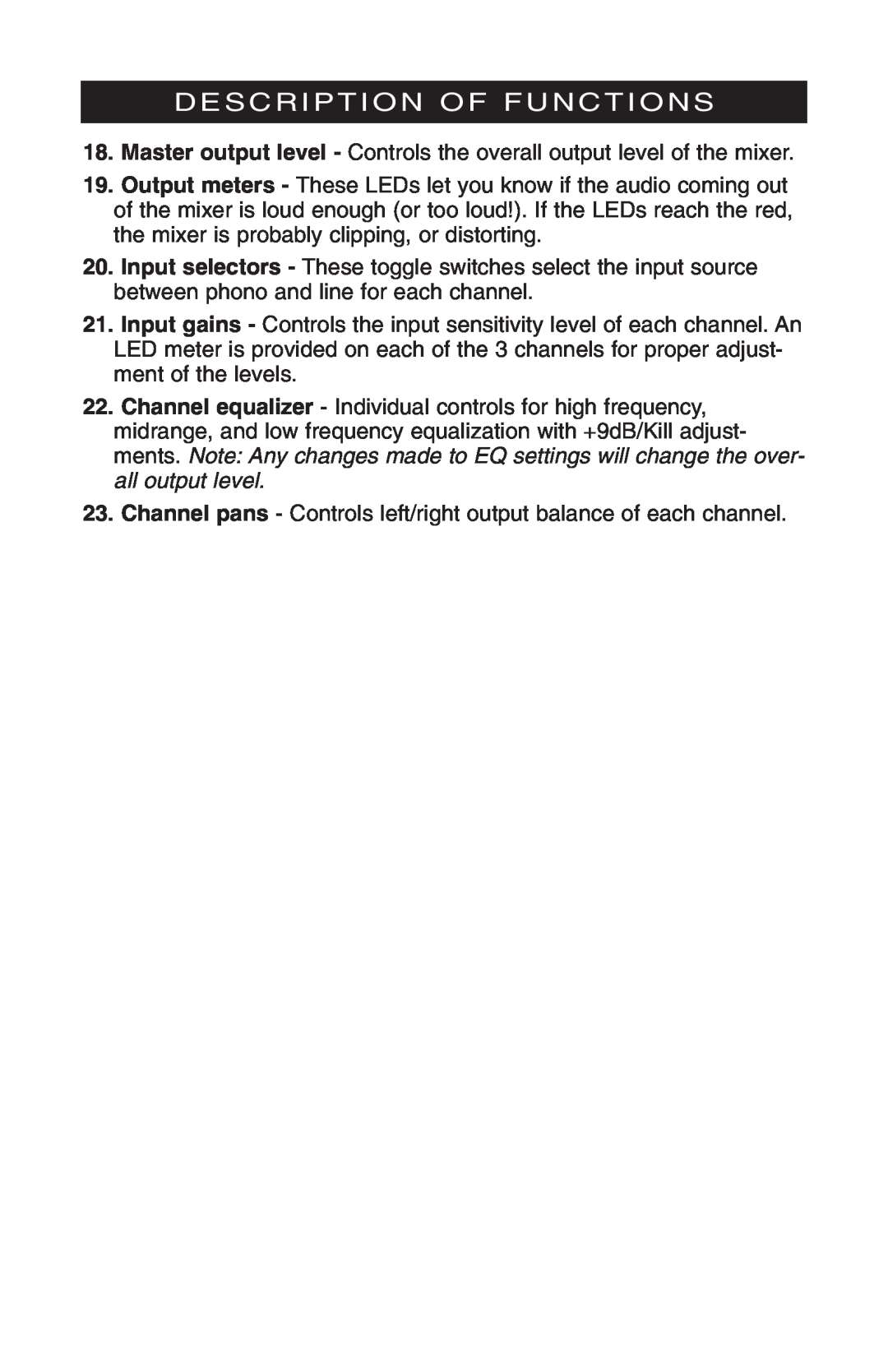 Stanton M304 owner manual Description Of Functions, Channel pans - Controls left/right output balance of each channel 