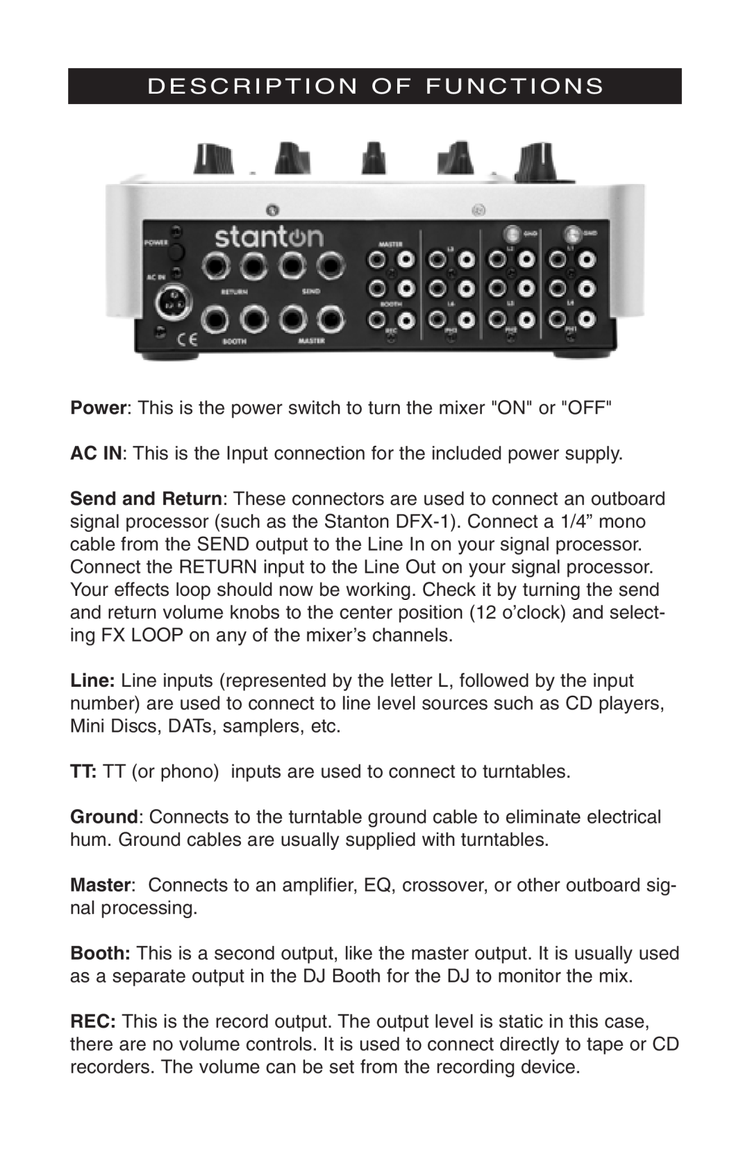 Stanton M304 owner manual Description Of Functions, Power This is the power switch to turn the mixer ON or OFF 