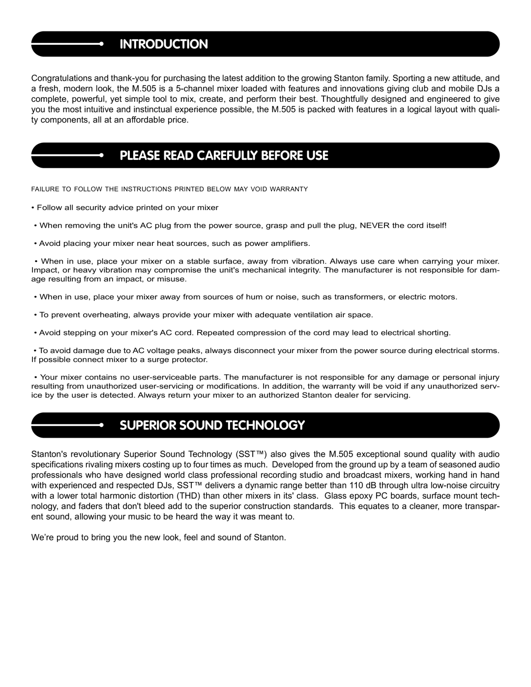 Stanton M.505 manual Introduction, Please Read Carefully Before USE, Superior Sound Technology 