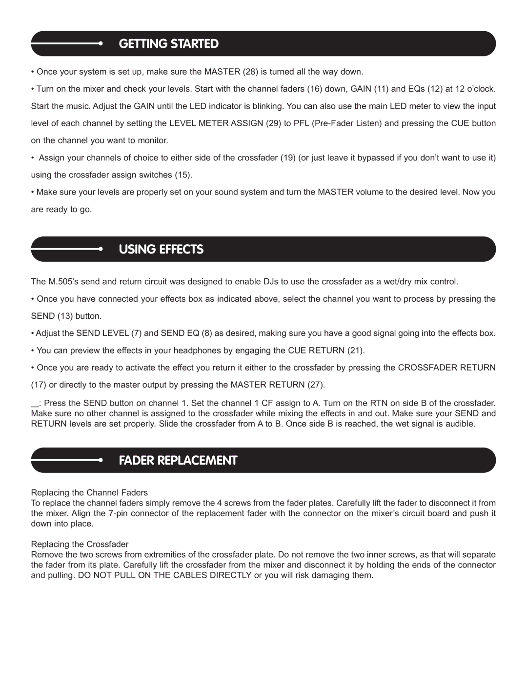 Stanton M.505 manual Getting Started, Using Effects, Fader Replacement 